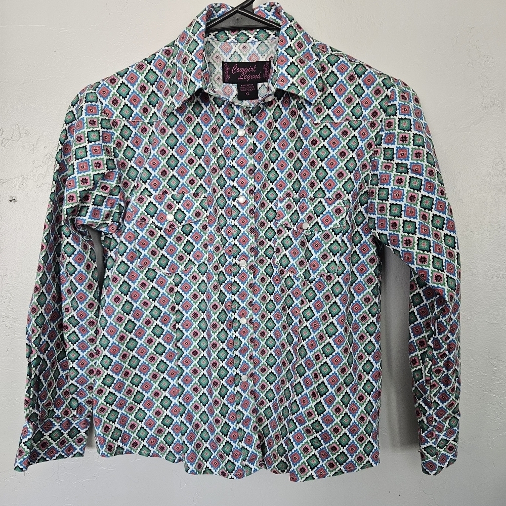 Cowgirl Legend Girls XL Green Blue Red Pink Casual Button Down Shirt Western Top